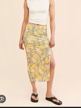 Free People Rosalie Mesh Midi Skirt Size Small Yellow Floral with Side Slit